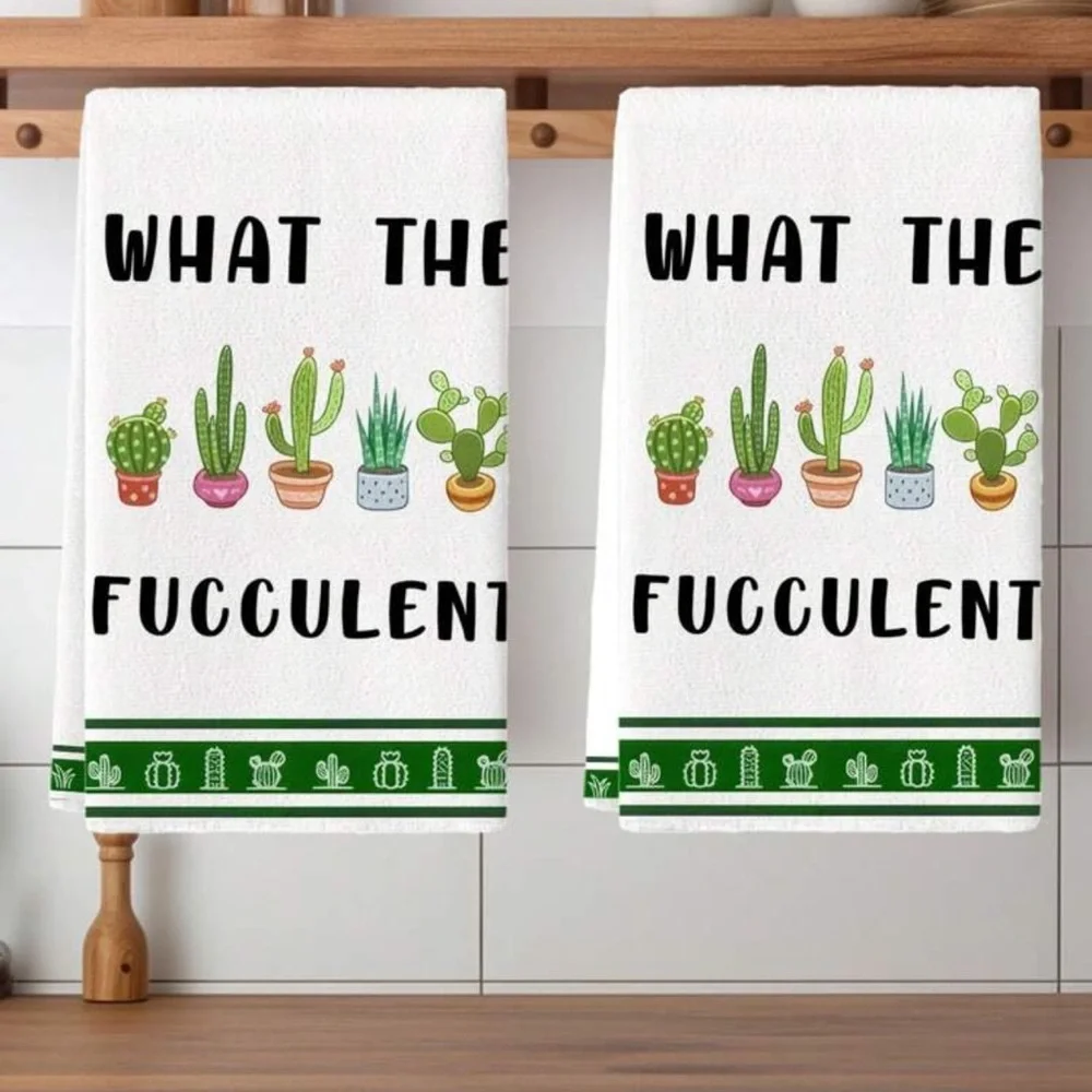 Cactus Print White and Green Kitchen Towels 2 Pack